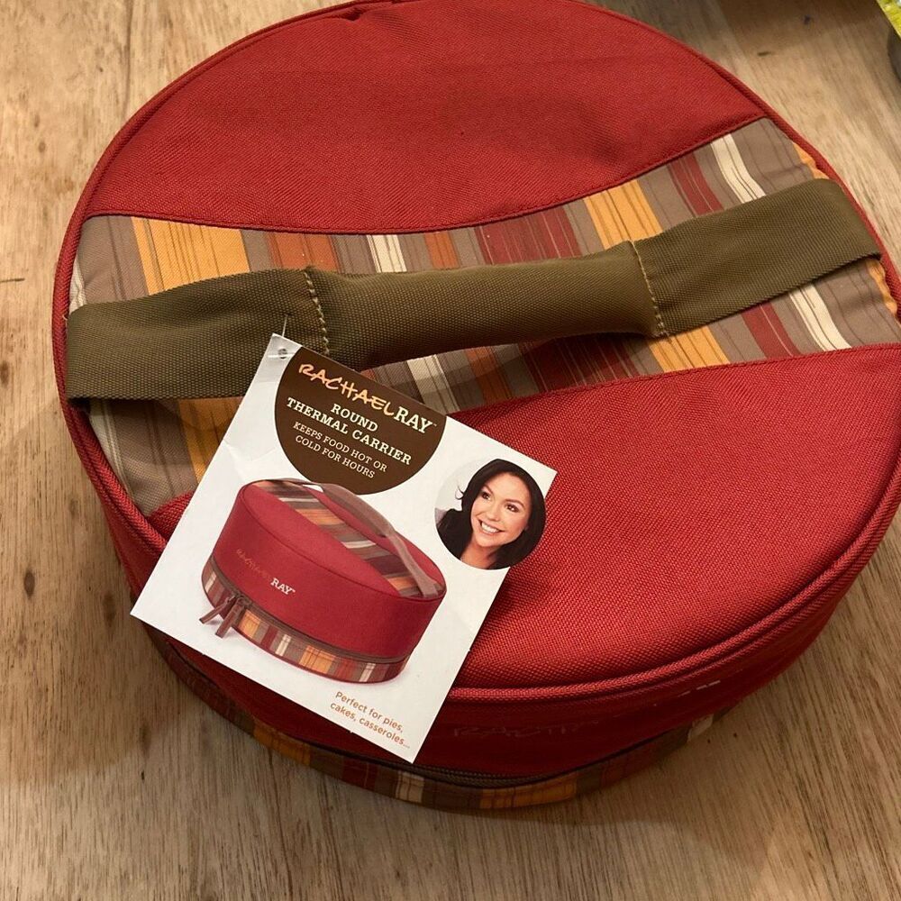 New Rachel Ray round thermal carrier keeps foods hot or cold red